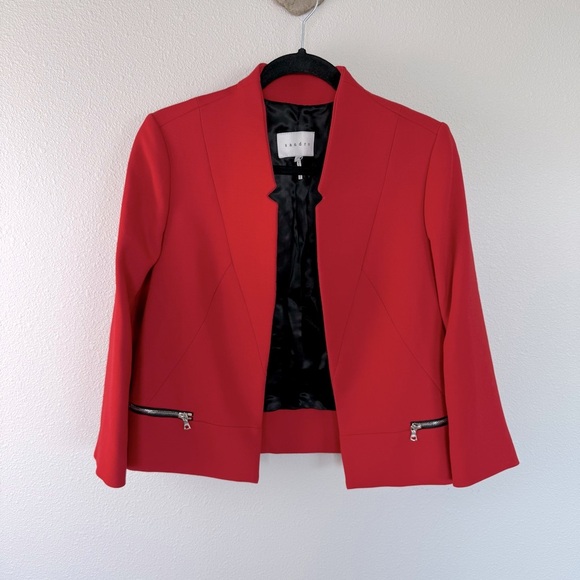 Sandro Red Notched Collar Open Structured Waist Length Boxy Blazer Women Size 8 - Picture 1 of 13